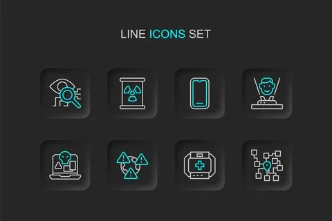 Set line Neural network, First aid kit, Earth with exclamation mark, Intern.. Illustrazione stock