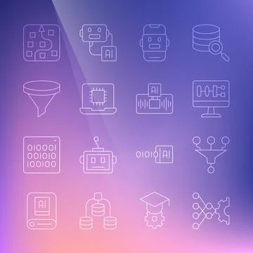 Set line Neural network, Funnel filter, Algorithm, Chat bot, Processor CPU, and Illustrazione stock