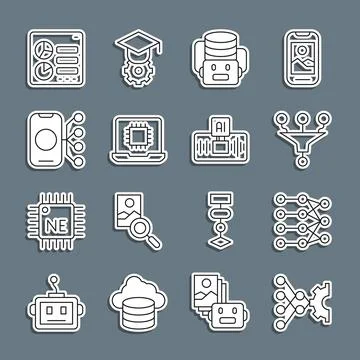 Set line Neural network, Funnel filter, Artificial intelligence robot, Processor Illustration