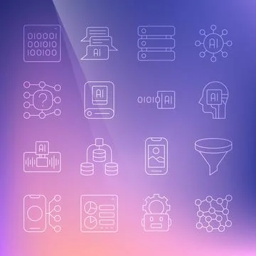 Set line Neural network, Funnel filter, Humanoid robot, Server, Data, Artificial Stock Illustration