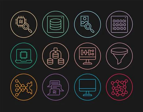 Set line Neural network, Funnel filter, Photo retouching, Server, Data, Proce Stock Illustration