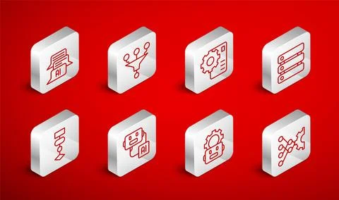 Set line Neural network, Funnel filter, Server, Data, Robot setting, Chat Stock Illustration