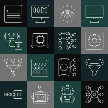 Set line Neural network, Funnel filter, Computer api interface, Artificial .. Illustrazione stock