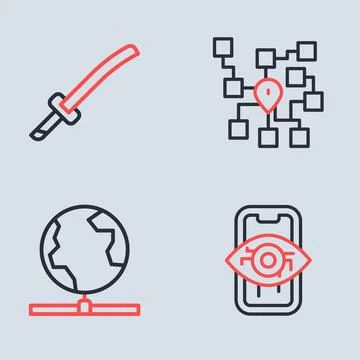 Set line Neural network, Global technology, Computer vision and Katana icon.. Illustrazione stock