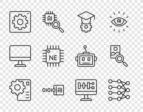 Set line Neural network, Graduation cap, Binary code, Computer api interface Illustrazione stock