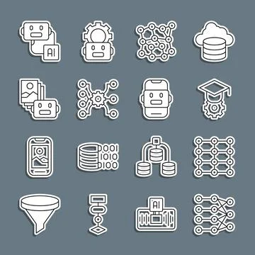 Set line Neural network, Graduation cap, Artificial intelligence robot, and Chat Illustration