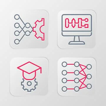Set line Neural network, Graduation cap, Algorithm and icon. Vector Stock-Illustration