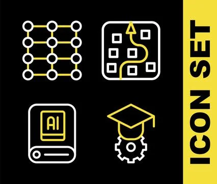 Set line Neural network, Graduation cap, Artificial intelligence AI and  ic.. Illustrazione stock