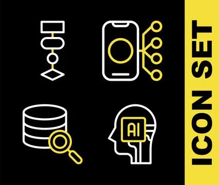Set line Neural network, Humanoid robot, Server and Algorithm icon. Vector Stockillustratie