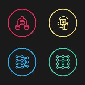 Set line Neural network, Humanoid robot and Server, Data icon. Vector 스톡 일러스트