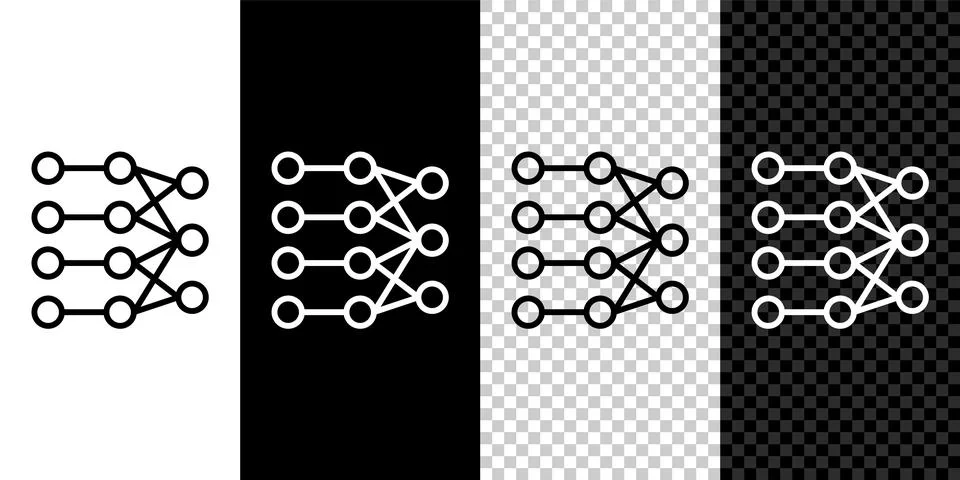 Set line Neural network icon isolated on black and white, transparent background Illustrazione stock