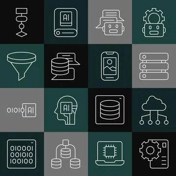 Set line Neural network, Network cloud connection, Server, Data, Chat bot Stock Illustration