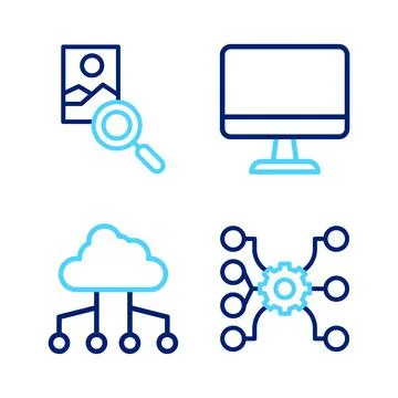 Set line Neural network, Network cloud connection, Computer monitor and Photo Stock Illustration