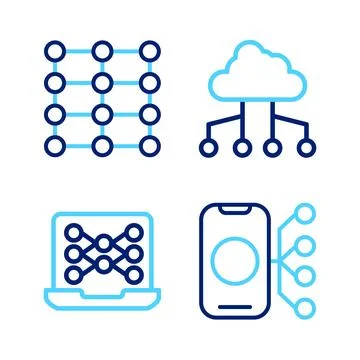 Set line Neural network, Network cloud connection and  icon. Vector Stock Illustration