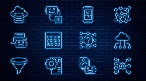 Set line Neural network, Network cloud connection, Mobile phone, Binary cod.. Stock Illustration