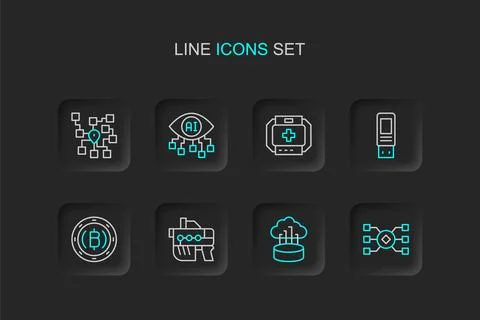 Set line Neural network, Network cloud connection, Futuristic weapon, Crypt.. Ilustración de archivo