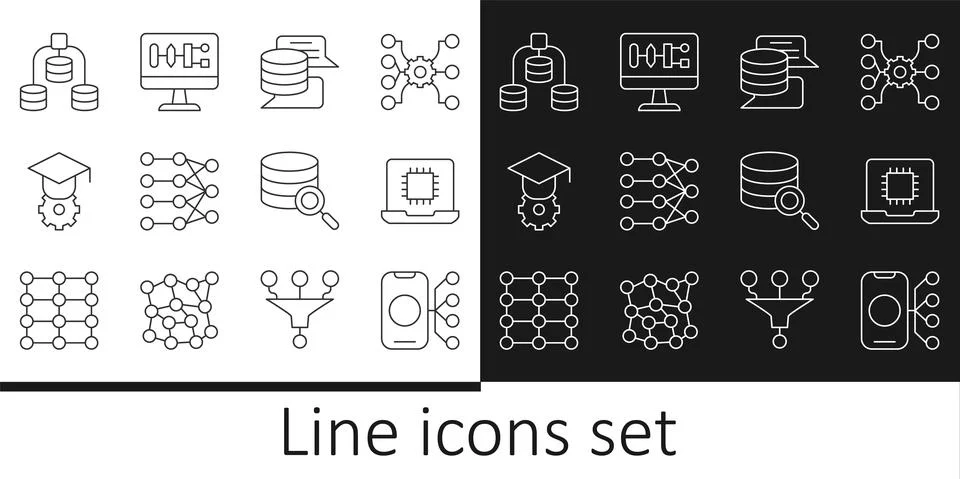 Set line Neural network, Processor CPU, Server, Data, Graduation cap, and Illustration