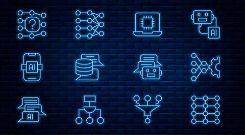 Set line Neural network, Processor CPU, Server, Data, Artificial intelligence AI Illustrazione stock