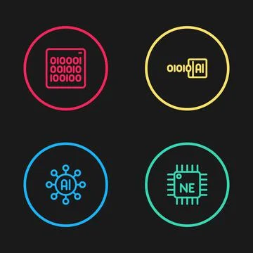 Set line Neural network, Processor CPU, Binary code and icon. Vector Stock Illustration