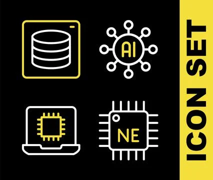 Set line Neural network, Processor CPU,  and Server, Data icon. Vector 스톡 일러스트
