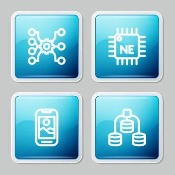 Set line Neural network, Processor CPU, Mobile phone and Server, Data icon Stock Illustration
