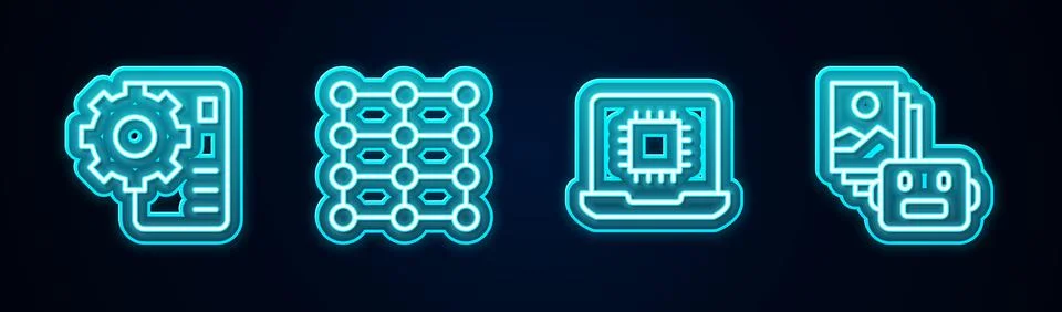 Set line Neural network, Processor CPU and Artificial intelligence robot. G.. Illustrazione stock