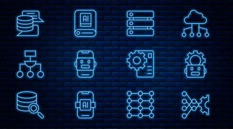 Set line Neural network, Robot setting, Server, Data, Chat, Algorithm, and 스톡 일러스트