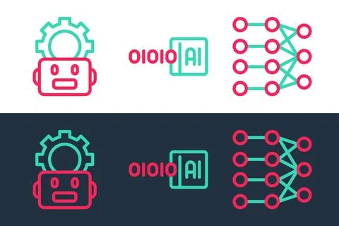 Set line Neural network, Robot setting and Binary code icon. Vector イラスト素材