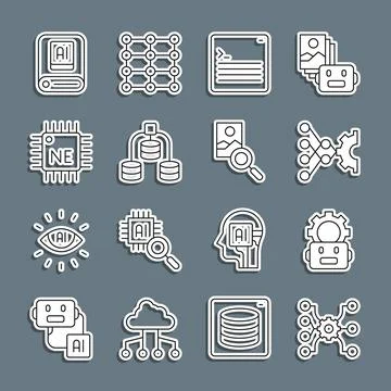 Set line Neural network, Robot setting, Web developer programming code, Ser.. Stock Illustration