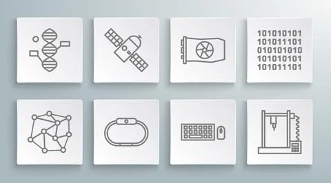 Set line Neural network, Satellite, Smartwatch, Keyboard and mouse, 3D printe 스톡 일러스트