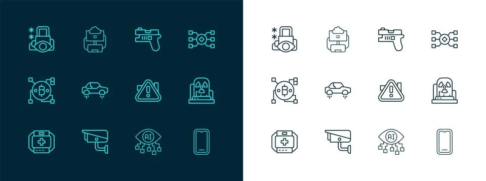 Set line Neural network, Security camera, Exclamation mark in triangle, Com.. Stock Illustration