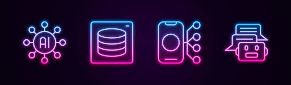 Set line Neural network, Server, Data, and Chat bot. Glowing neon icon. Vector Stock Illustration