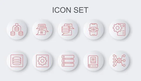 Set line Neural network, Server, Data, Artificial intelligence AI, Chat bot Stock Illustration