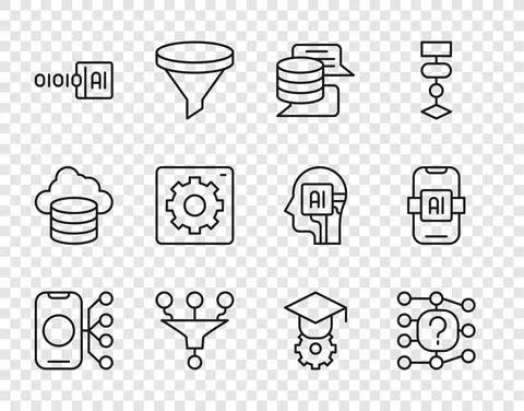 Set line Neural network, Server, Data, Funnel filter, Binary code, Computer api Stock Illustration