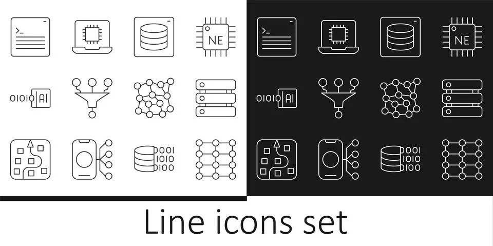 Set line Neural network, Server, Data, Funnel filter, Binary code, Web developer Stock Illustration