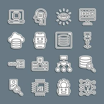 Set line Neural network, Server, Algorithm, Artificial intelligence AI, Chat bot Stock Illustration