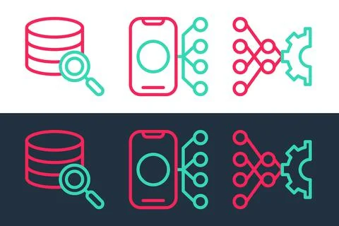 Set line Neural network, Server and icon. Vector Illustrazione stock