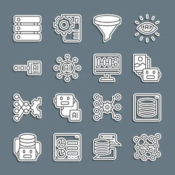 Set line Neural network, Server, Data, Artificial intelligence robot, Funnel Illustration