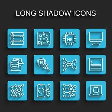 Set line Neural network, Server, Data, Processor CPU, Web developer programming Stock Illustration