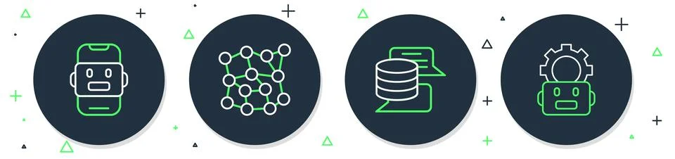 Set line Neural network, Server, Data, Chat bot and Robot setting icon. Vector Illustrazione stock