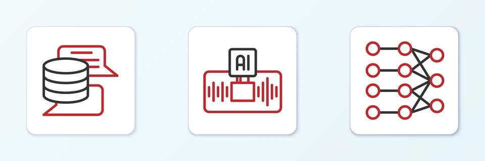 Set line Neural network, Server, Data and Artificial intelligence AI icon. .. Stock Illustration