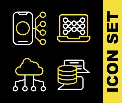Set line Neural network, Server, Data, Network cloud connection and  icon. .. Stock Illustration