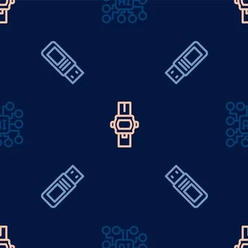 Set line Neural network, USB flash drive and Wrist watch on seamless pattern. Stock Illustration