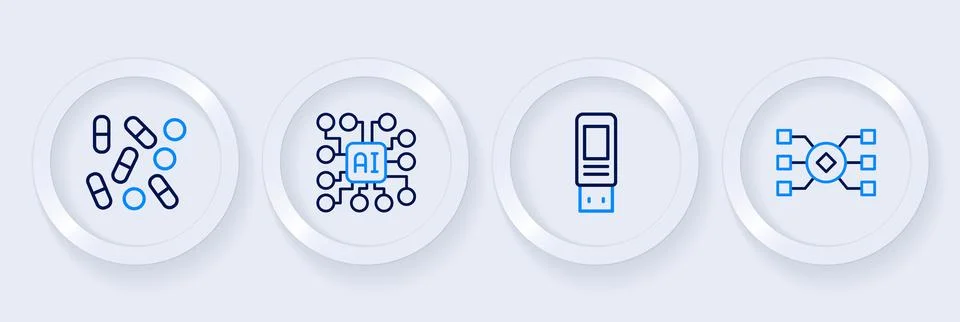 Set line Neural network, USB flash drive,  and Medical pill biohacking icon.. Stock Illustration