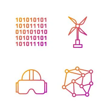 Set line Neural network, Virtual reality glasses, Binary code and Wind turbine Stock Illustration