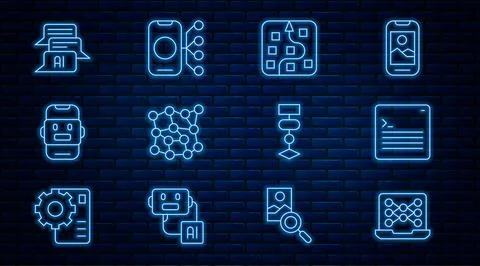 Set line Neural network, Web developer programming code, Chat bot, Algorith.. Stock Illustration