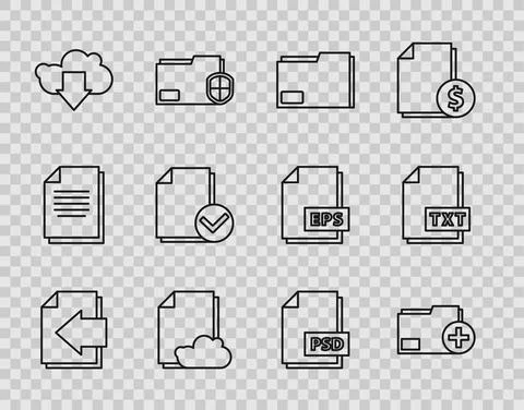 Set line Next page arrow, Add new folder, Document, Cloud storage text document Stock Illustration