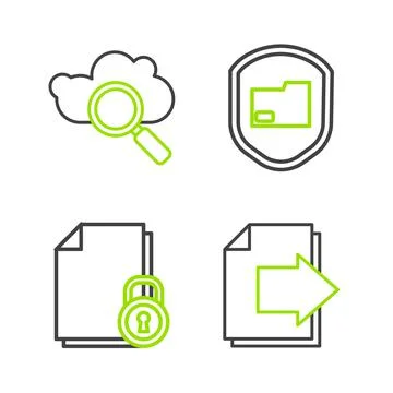 Set line Next page arrow Document and lock folder protection and Search cloud Stock Illustration