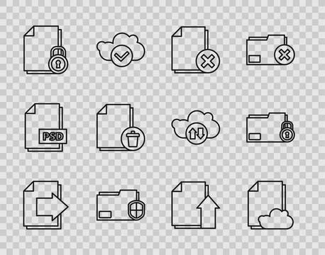 Set line Next page arrow, Cloud storage text document, Delete file, Documen.. Stock Illustration