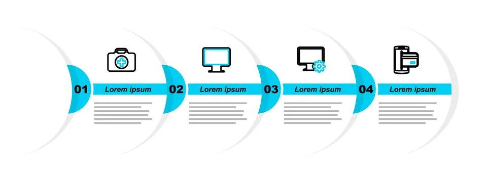 Set line NFC Payment, Computer monitor and gear, screen and First aid kit i.. Stock Illustration